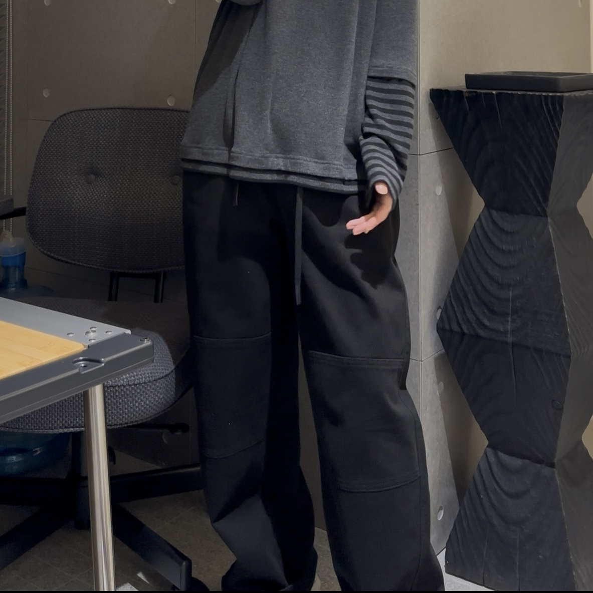 琴仔 黑色斜纹纯棉工装风加厚后松紧腰阔腿抽绳休闲裤 Q385