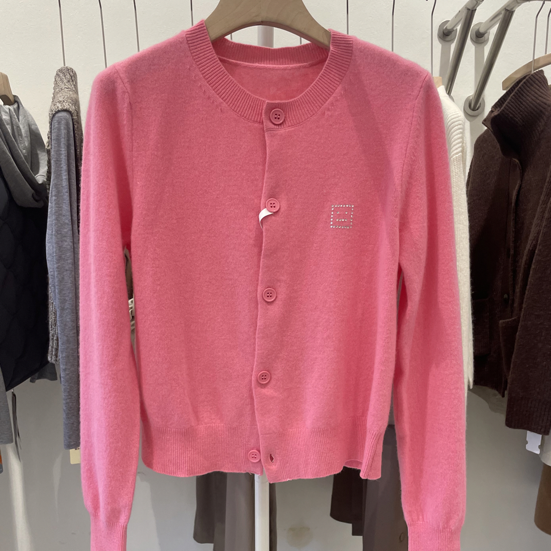 明星同款粉色笑脸羊毛针织开衫