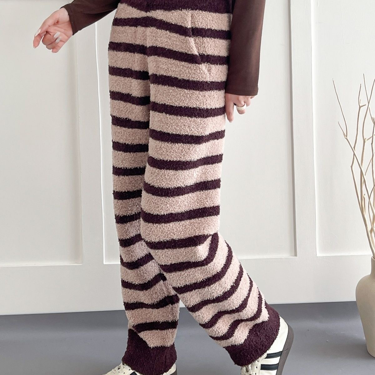 灰色半边绒睡衣女秋冬季加厚保暖宽松甜美条纹可外穿家居服套装