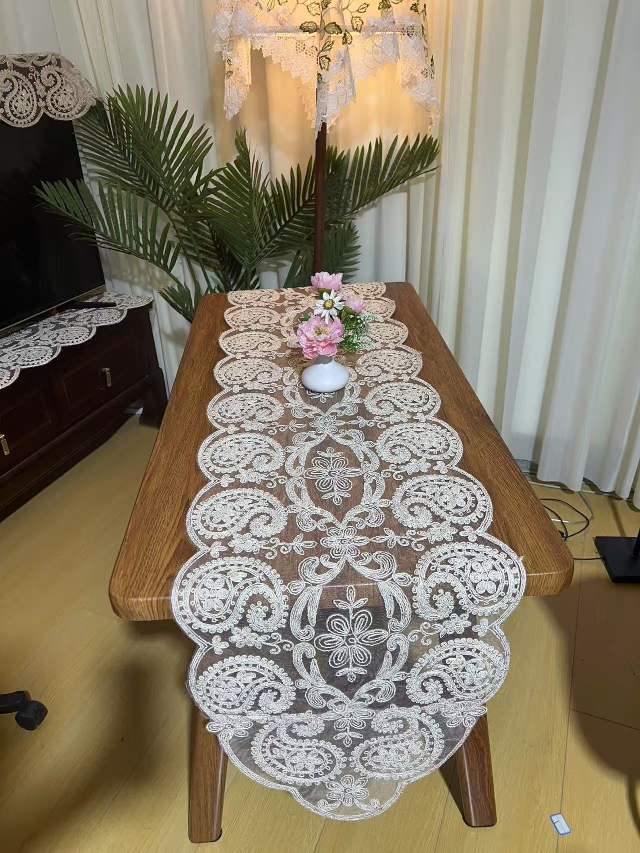 ZN084-208粗绳绣【44*275】麻本色非遗半手工粗绳绣桌布茶几盖巾