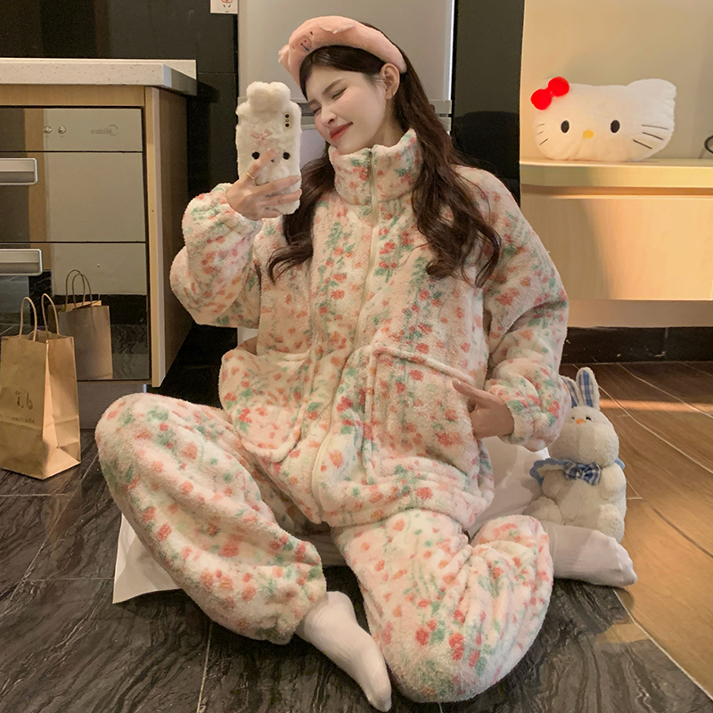 【初沁枫】珊瑚绒高领拉链双口袋睡衣女冬季新款加绒加厚保暖家居服