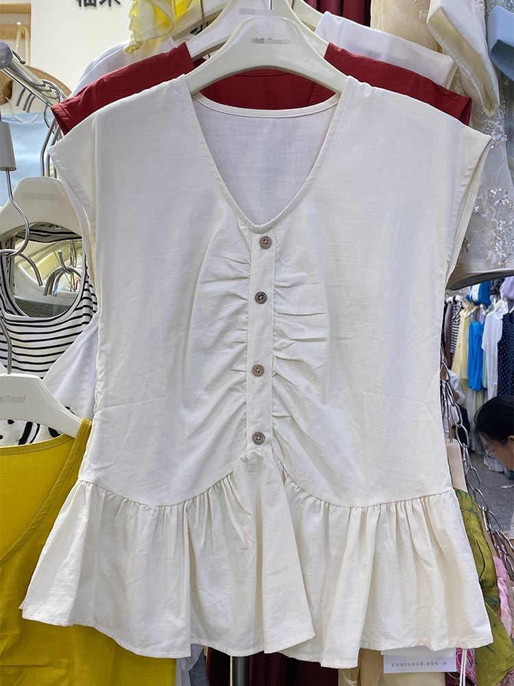 夏季新款V领时尚短袖衬衫别致收腰显瘦纽扣上衣110斤以内拍