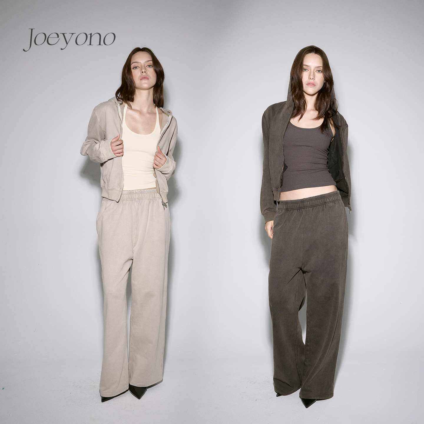 JOEYONO重磅做旧水洗复古连帽卫衣短款修身外套女秋冬双拉链灰色