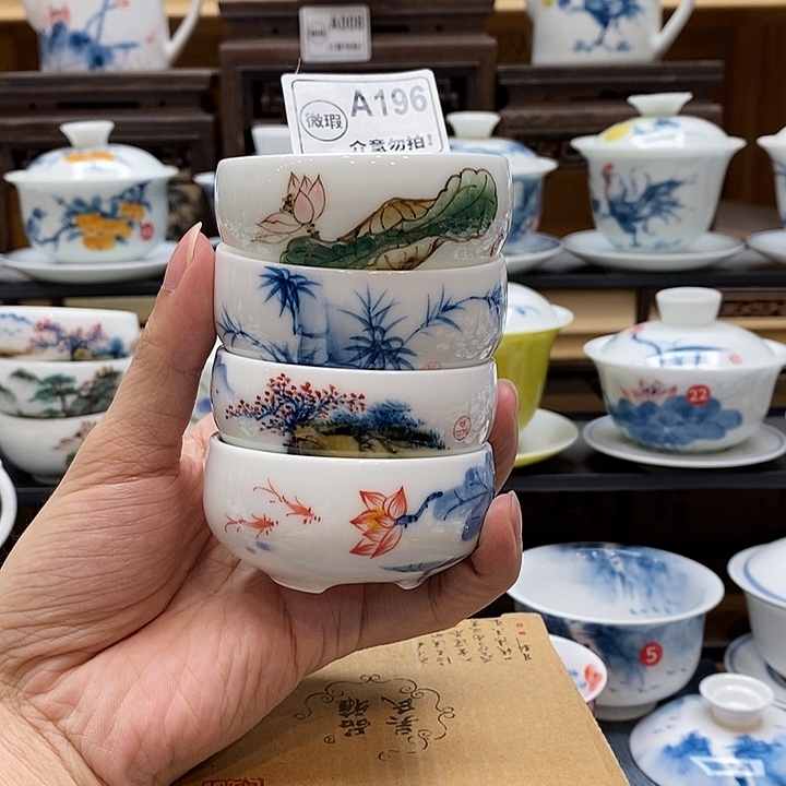 京***爷手绘一物一拍四个主人杯60cc釉下彩微瑕福利款