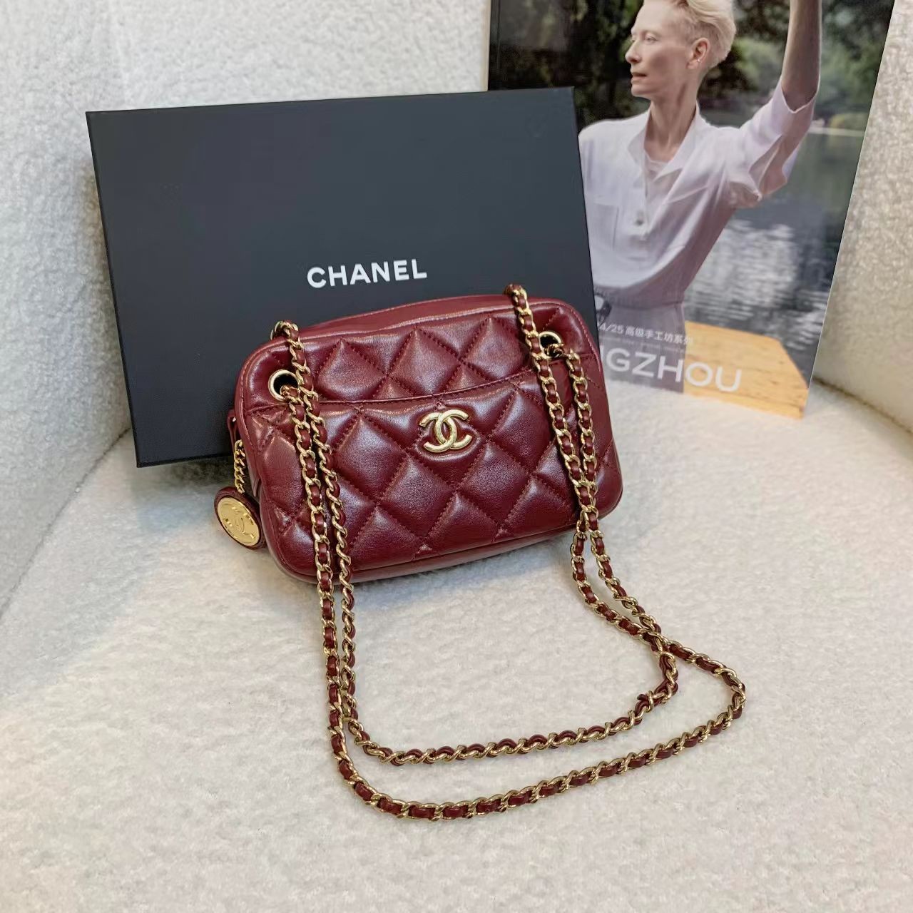 99新 Chanel/香奈儿 壹臻/ 酒红色羊皮金币 相机包小号 73274976