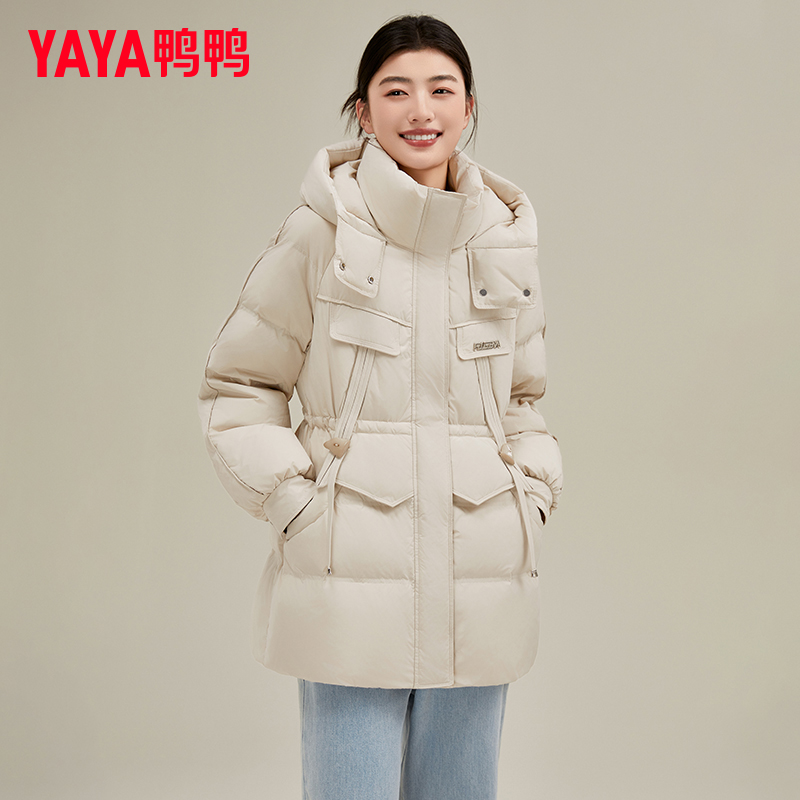 YAYA/鸭鸭中长款羽绒服女冬季新款连帽保暖酒红色外套YE4B607835L