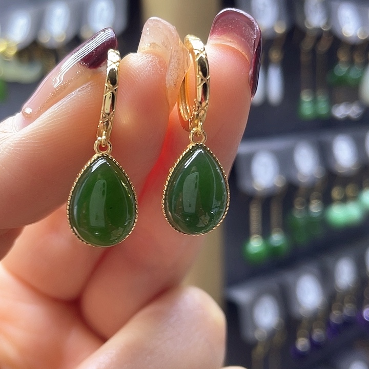 和田玉耳饰银S925镀金镶嵌