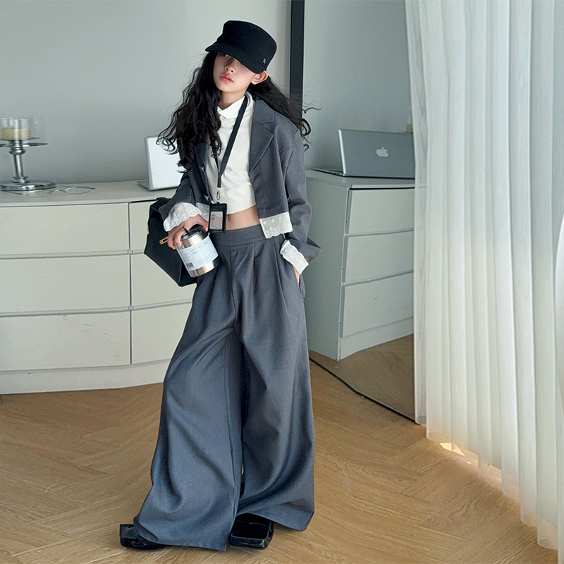 【嘻嘻柚】女童韩版洋气西服套装2025秋季拼接西装外套休闲裤两件套