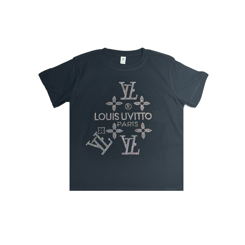 【102#】欧货螺纹棉显瘦正肩打底衫重工烫钻短袖T恤女