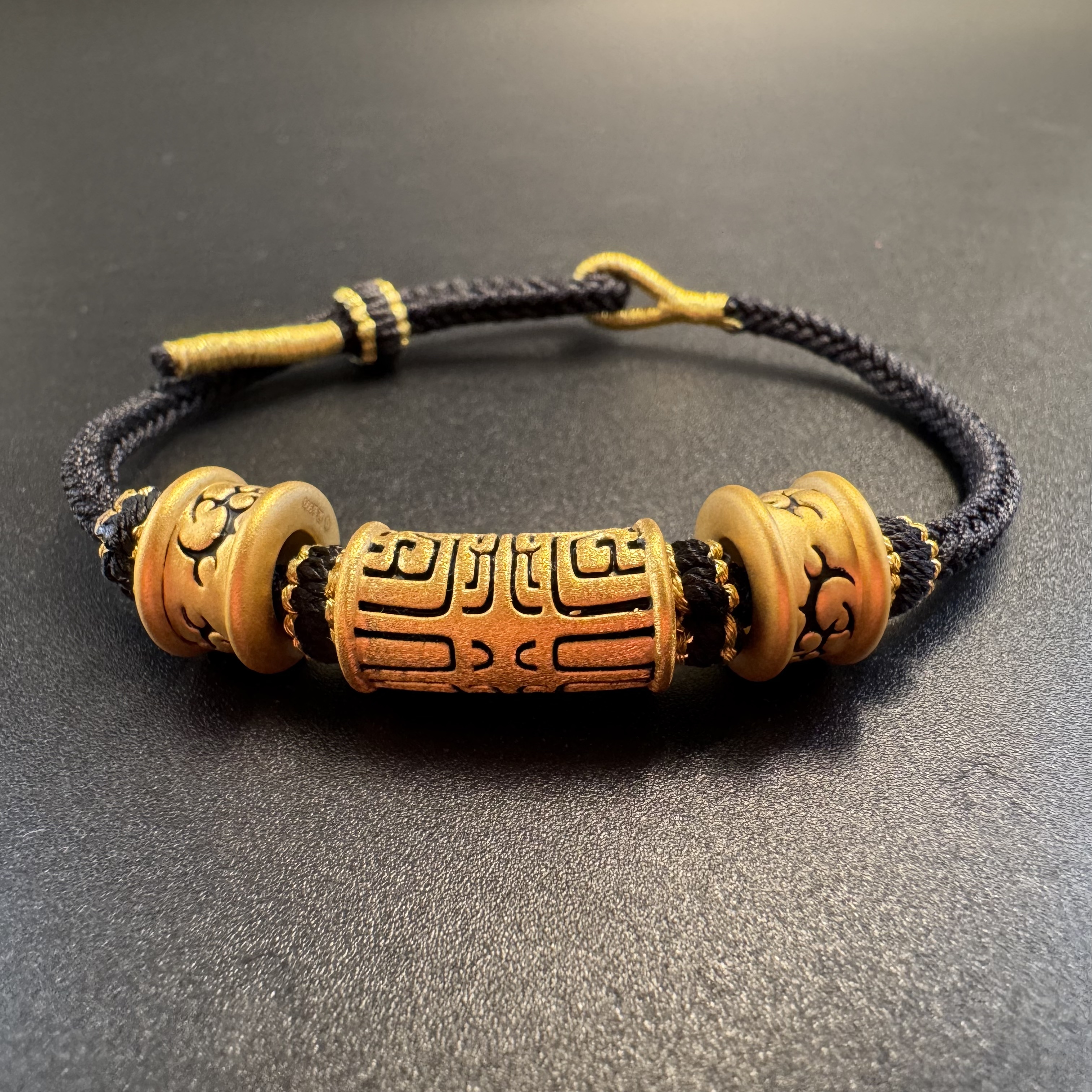 足金999黄金古法黑金饕餮弯管手绳