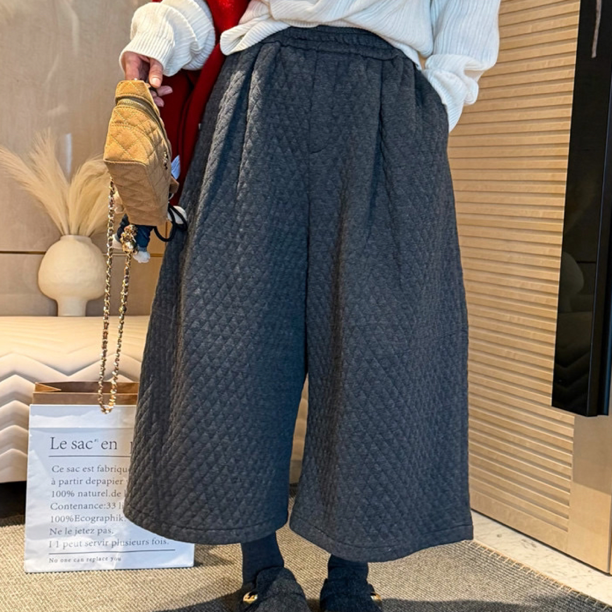 冬季加绒加厚菱格宽松阔腿九分裤韩系显瘦百搭休闲女装