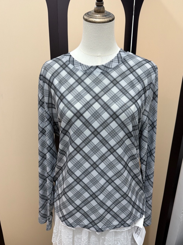 长袖T恤灰色格子网纱T