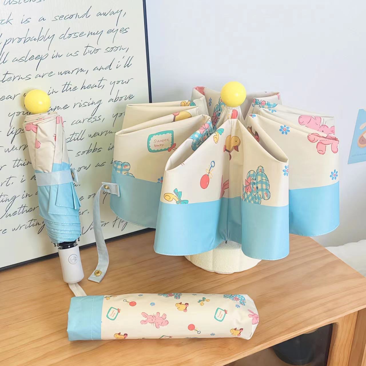 新款自动雨伞毛绒玩具自然风折叠遮阳伞防晒太阳伞晴雨伞可爱学生