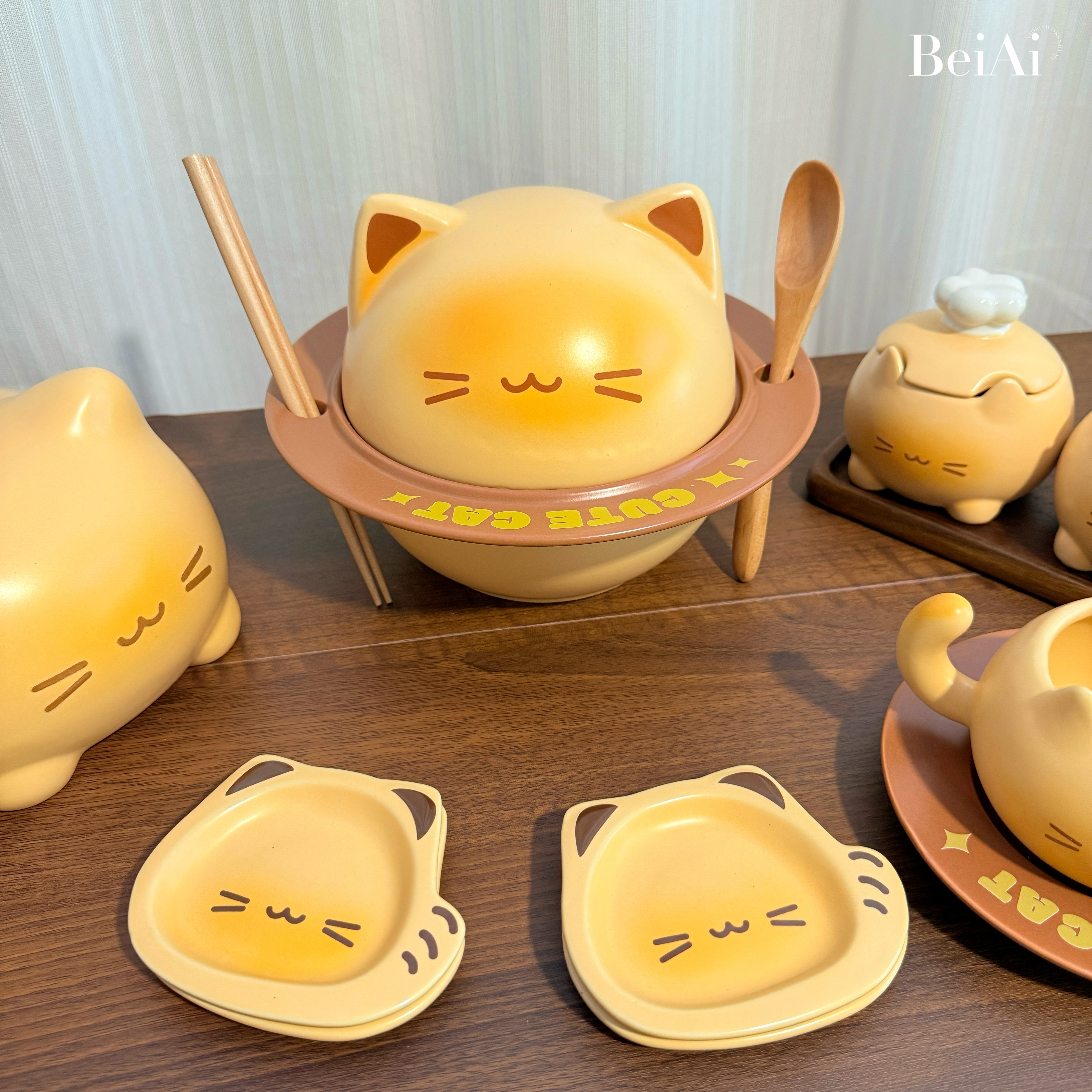 烤面包小猫泡面碗带盖可爱陶瓷咖啡杯抽纸盒创意餐具