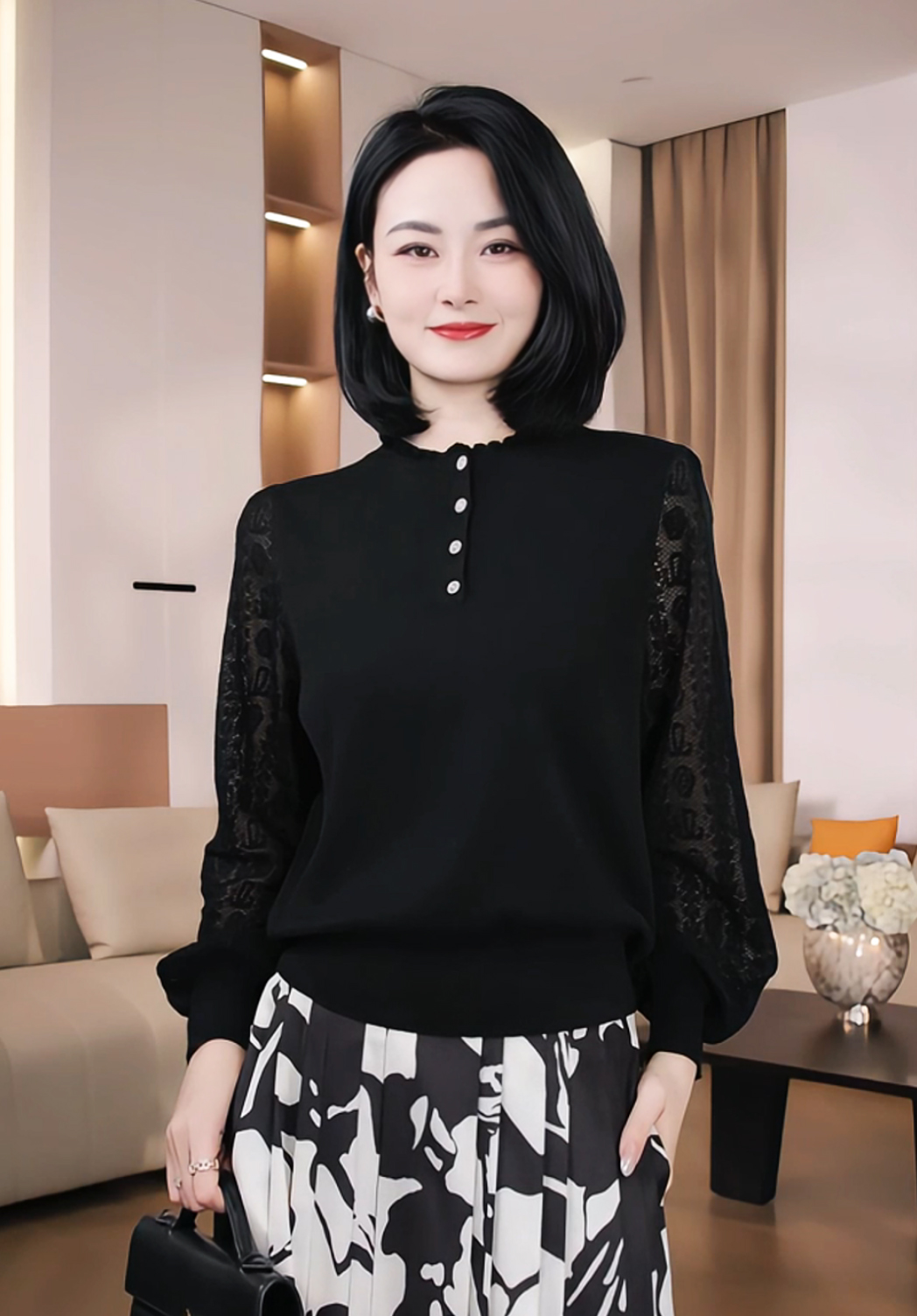 Nuovo Borgo 2025春季新款蕾丝提花木耳边立领长袖针织羊毛衫2554