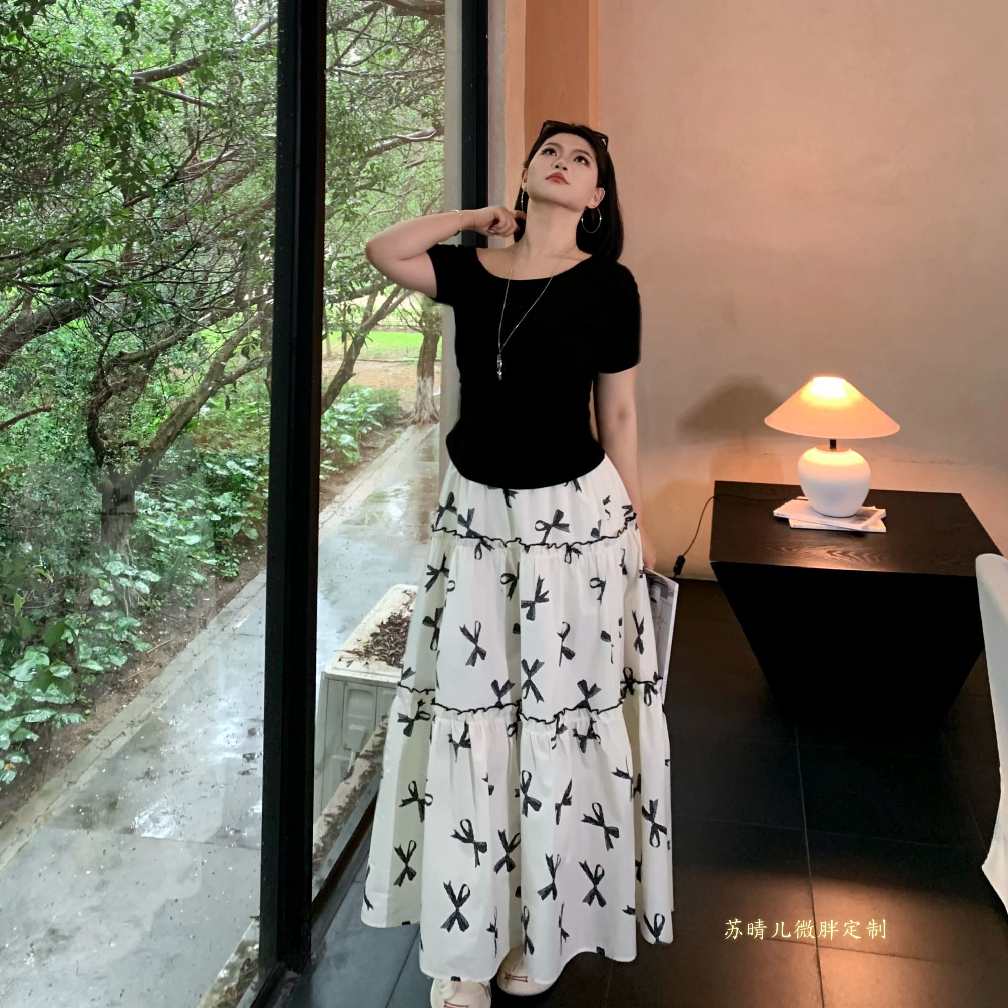 ARSENE【晚风魅影】一字肩不规则T恤蝴蝶结印花半身裙套装-F0208