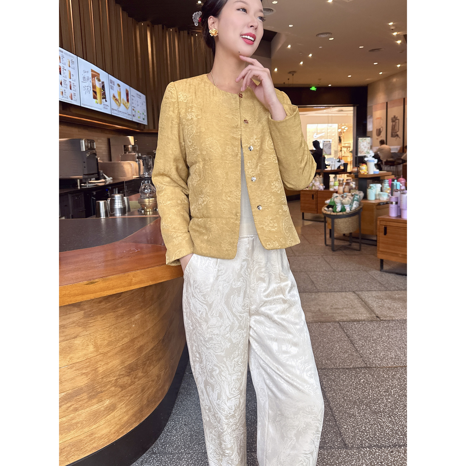 【深圳罗依】原创真丝棉衣女桑蚕丝扎染腰果花新中式气质薄款棉服