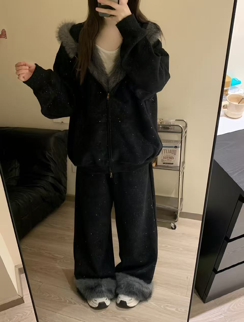 加绒连帽卫衣女秋冬季宽松慵懒风开衫美式满天星毛领兔耳朵套装