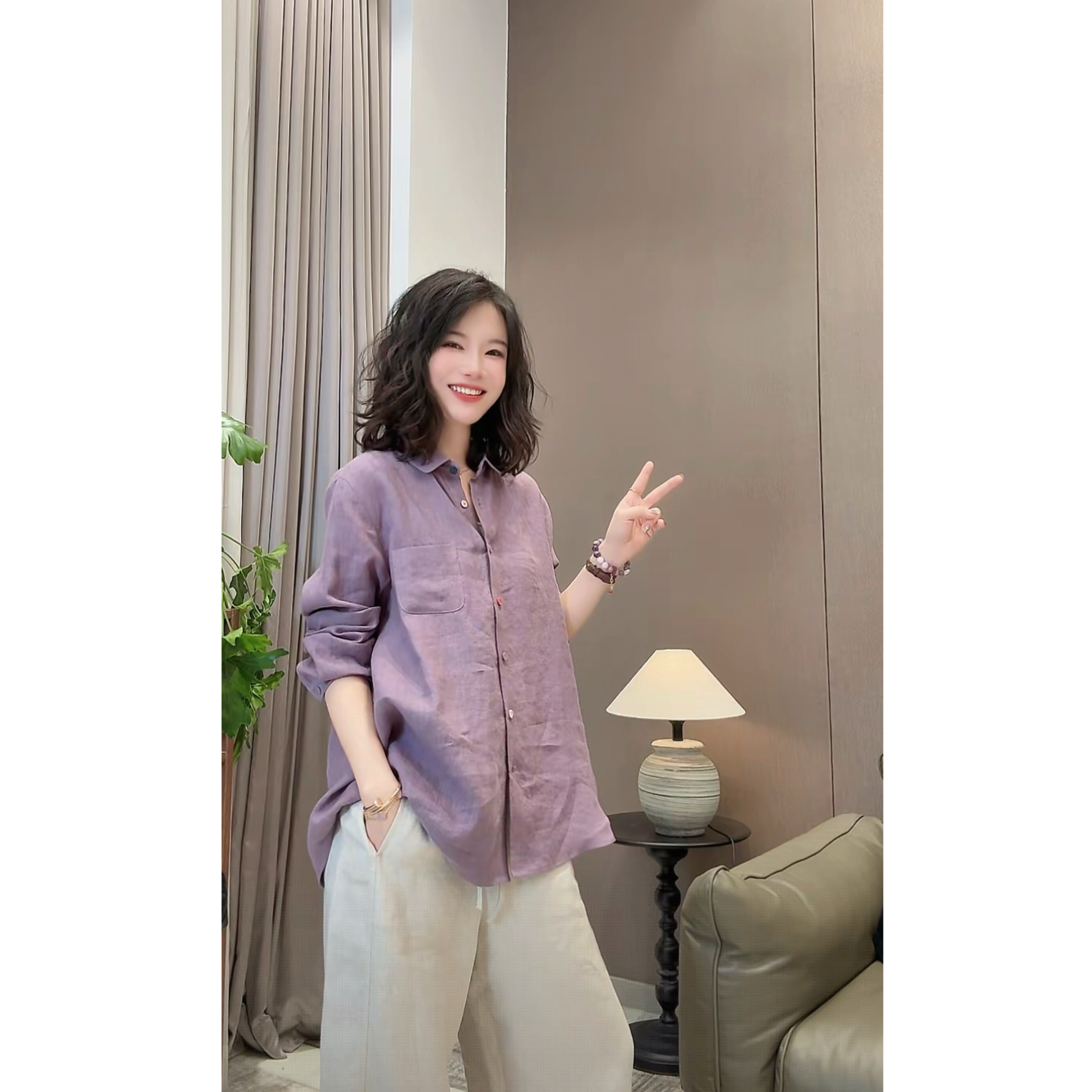 【续旧】撞色扣子汉麻衬衣秋款休闲百搭翻领长袖衬衫23133