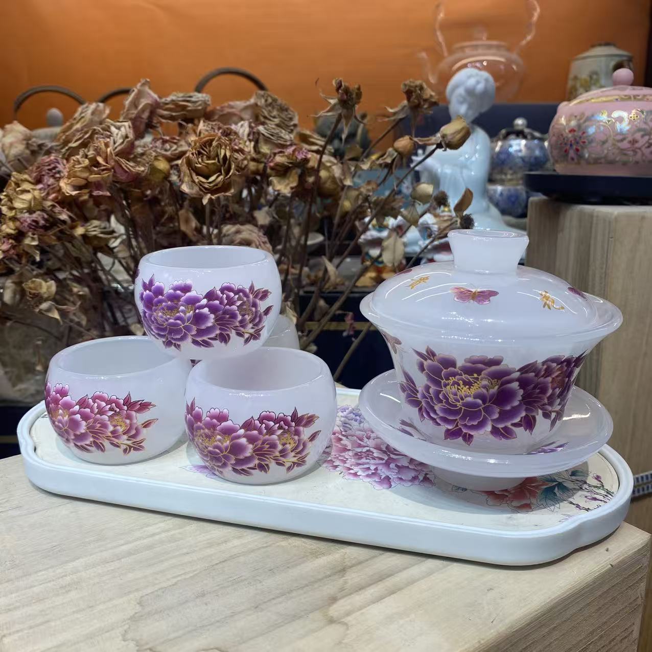 春意 白琉璃紫牡丹-花开富贵盖碗+6杯+盘-5885