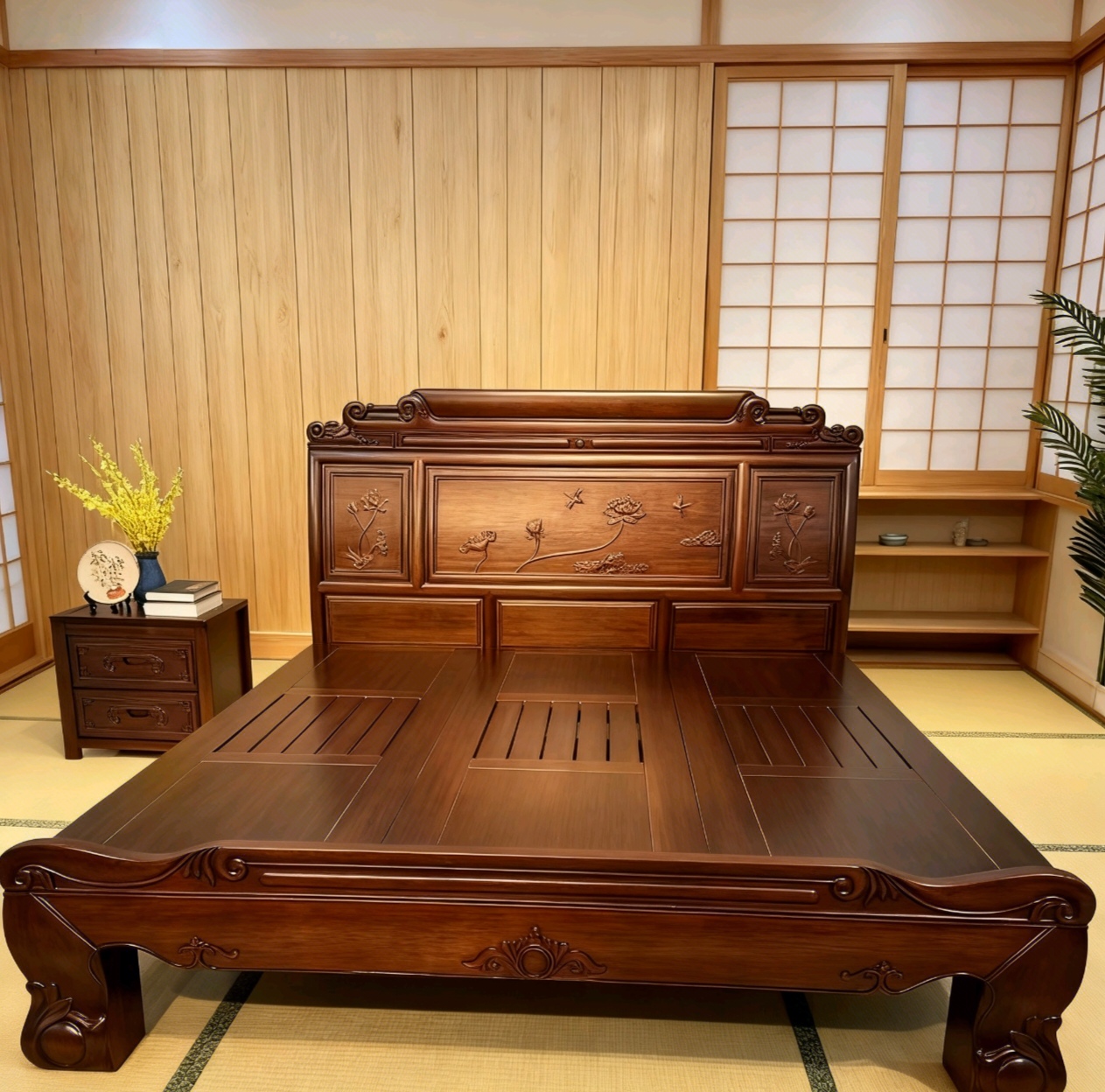 南美檀木全实木全榫卯主卧婚床古典雕花1.8米双人大床