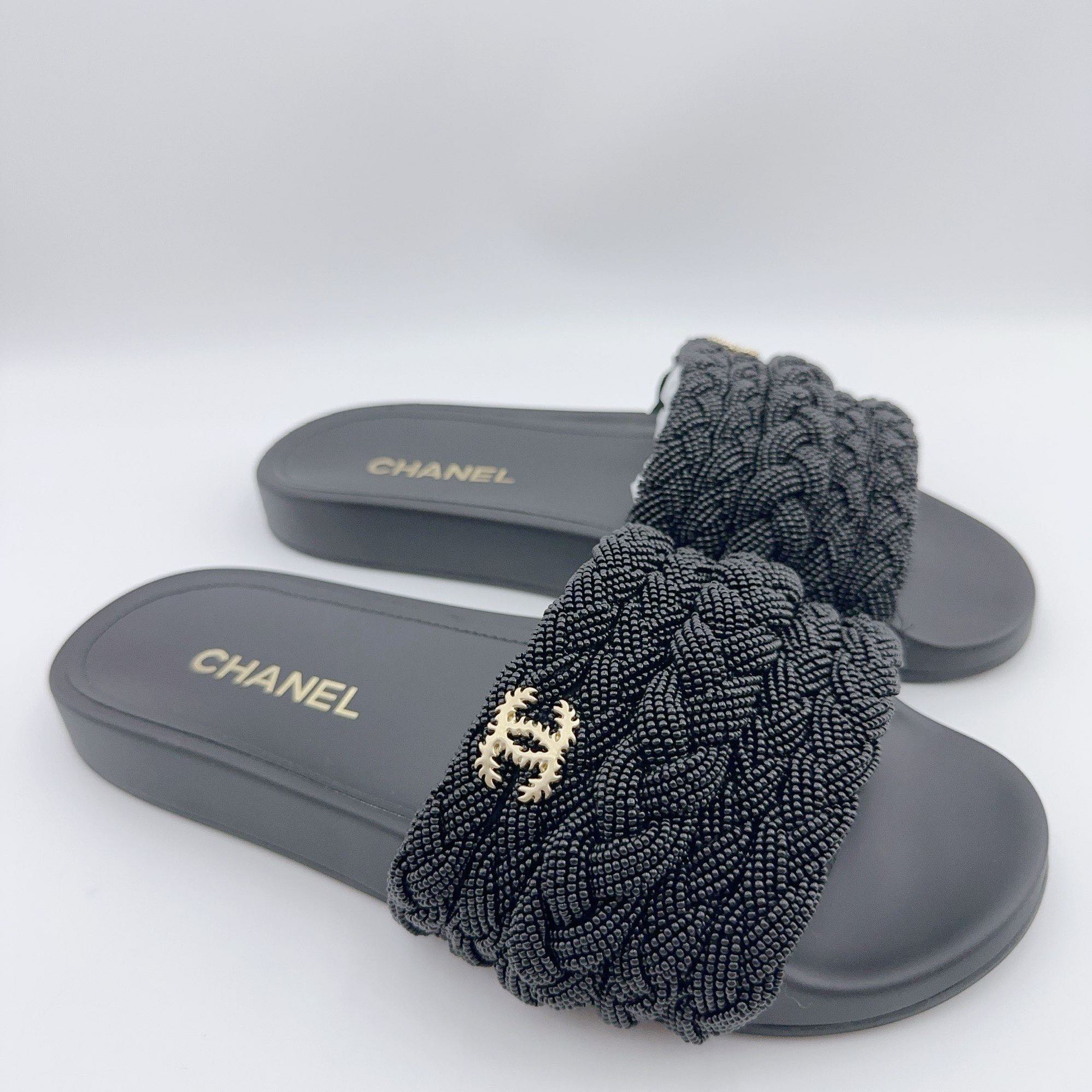 95新 Chanel/香奈儿 40码/24C黑色编织金标拖鞋/01719