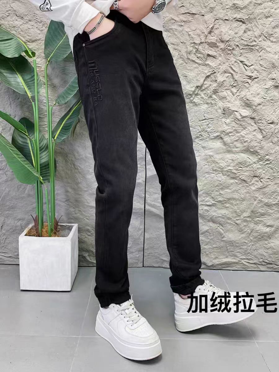 冬季新款6003黑色刺绣压胶加绒磨毛弹力修身个性时尚男士牛仔长裤