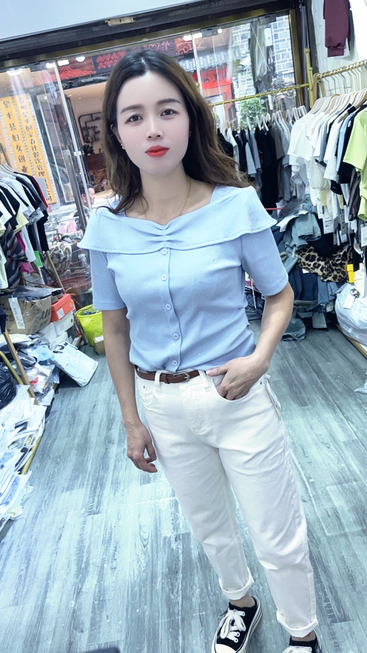 方领法式褶皱常规纽扣短袖T恤气质修身蓝色夏装设计感休闲