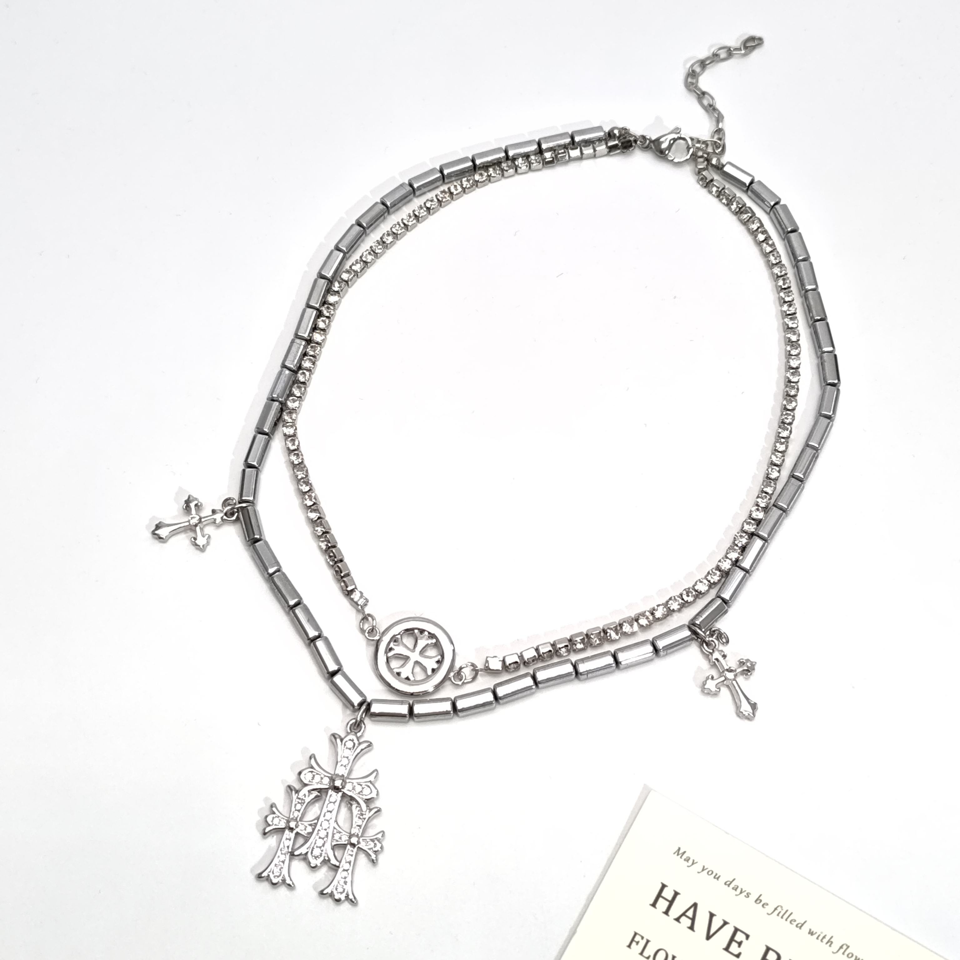 铜合金锆石项链 06960小众设计感气质独特一款多带竹节十字花项链