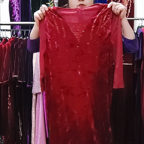 酒红色钻石绒v领重工长款鱼尾裙6XL150-165斤左右