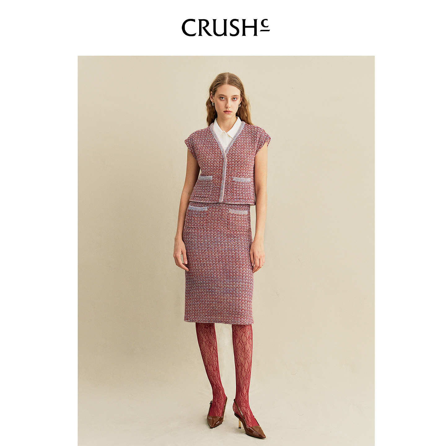 Crush Collection2025年早秋新款多彩珠片花呢包臀裙小香风半身裙