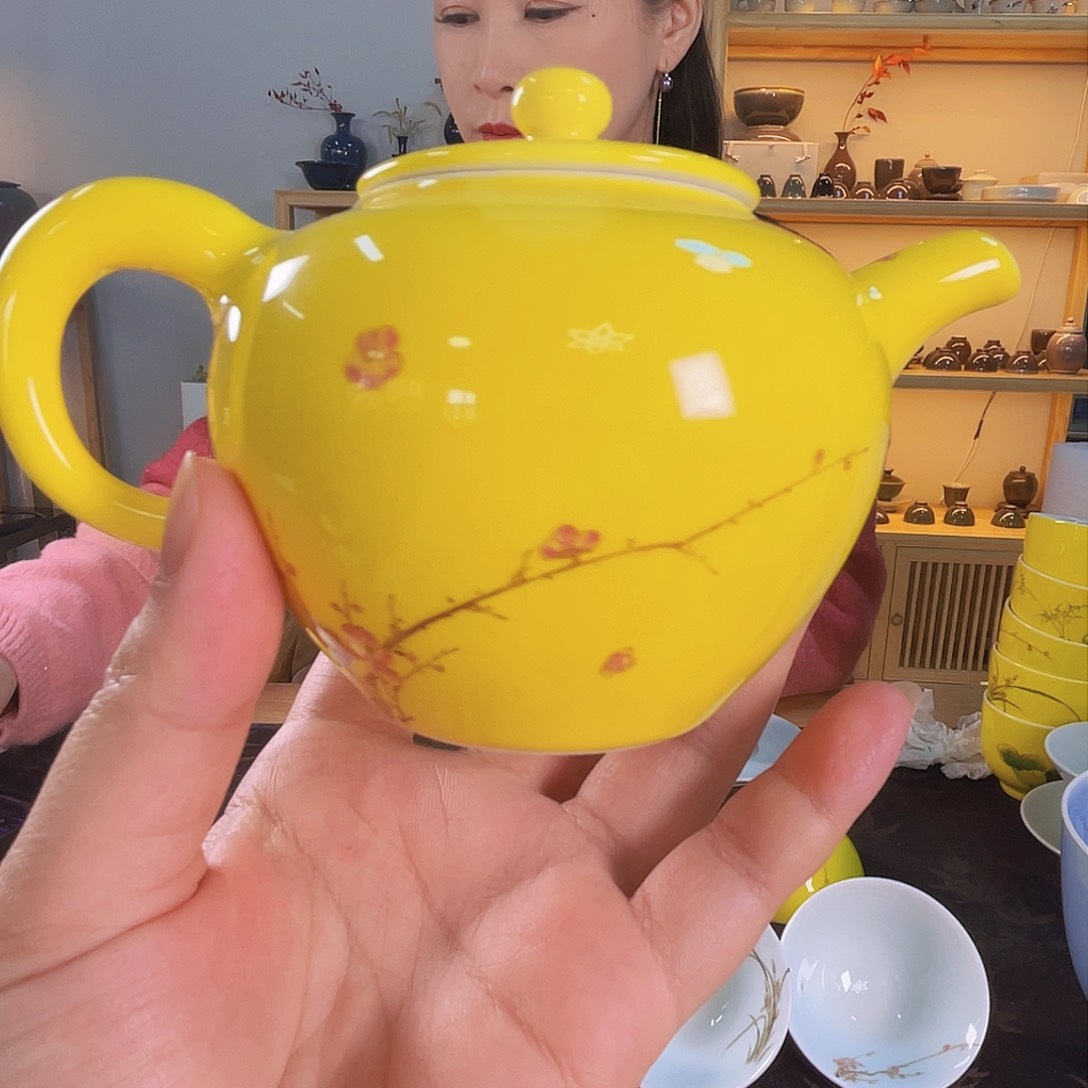 戏墨黄釉梅花壶壶