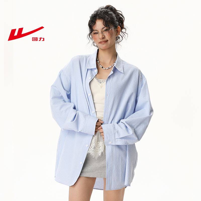 回力 /Warrior压褶宽松型长袖方领衬衫秋季港味设计感蓝色宽松条
