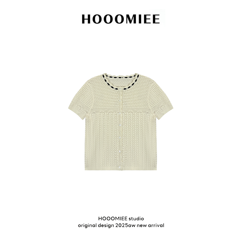 Hooomiee知性女士镂空透气针织开衫花边领夏季浅色短袖250179