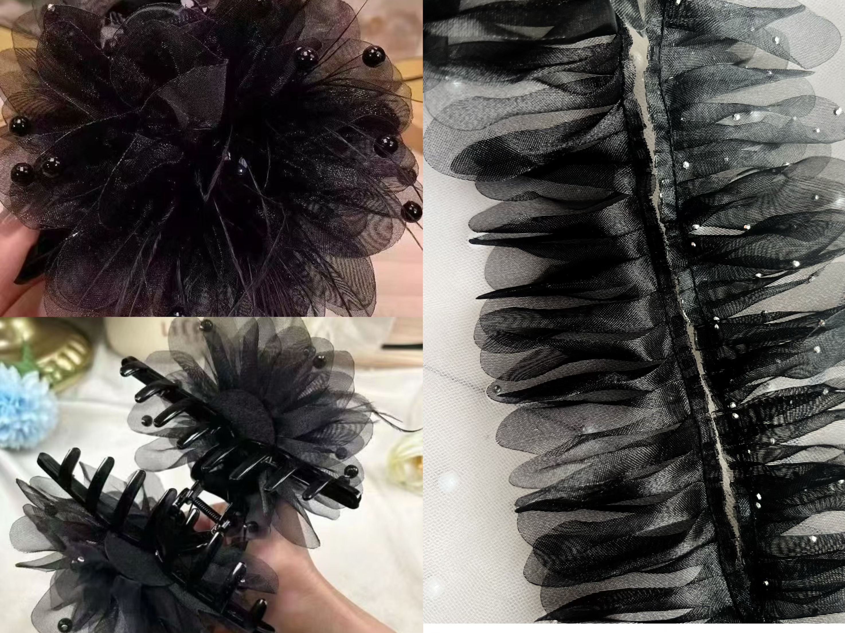 玖阁家新品欧根纱黑色花朵半成品抓夹发夹材料