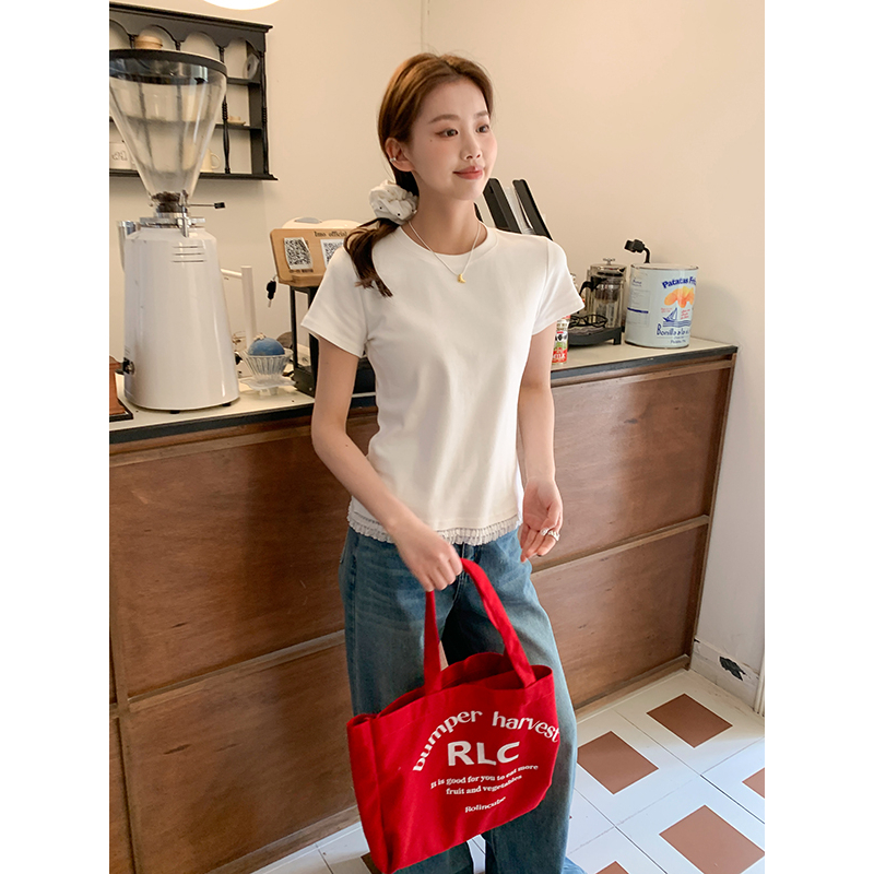 蕾丝拼接t恤女夏季设计感小众正肩圆领显瘦运动网红健身时尚休闲