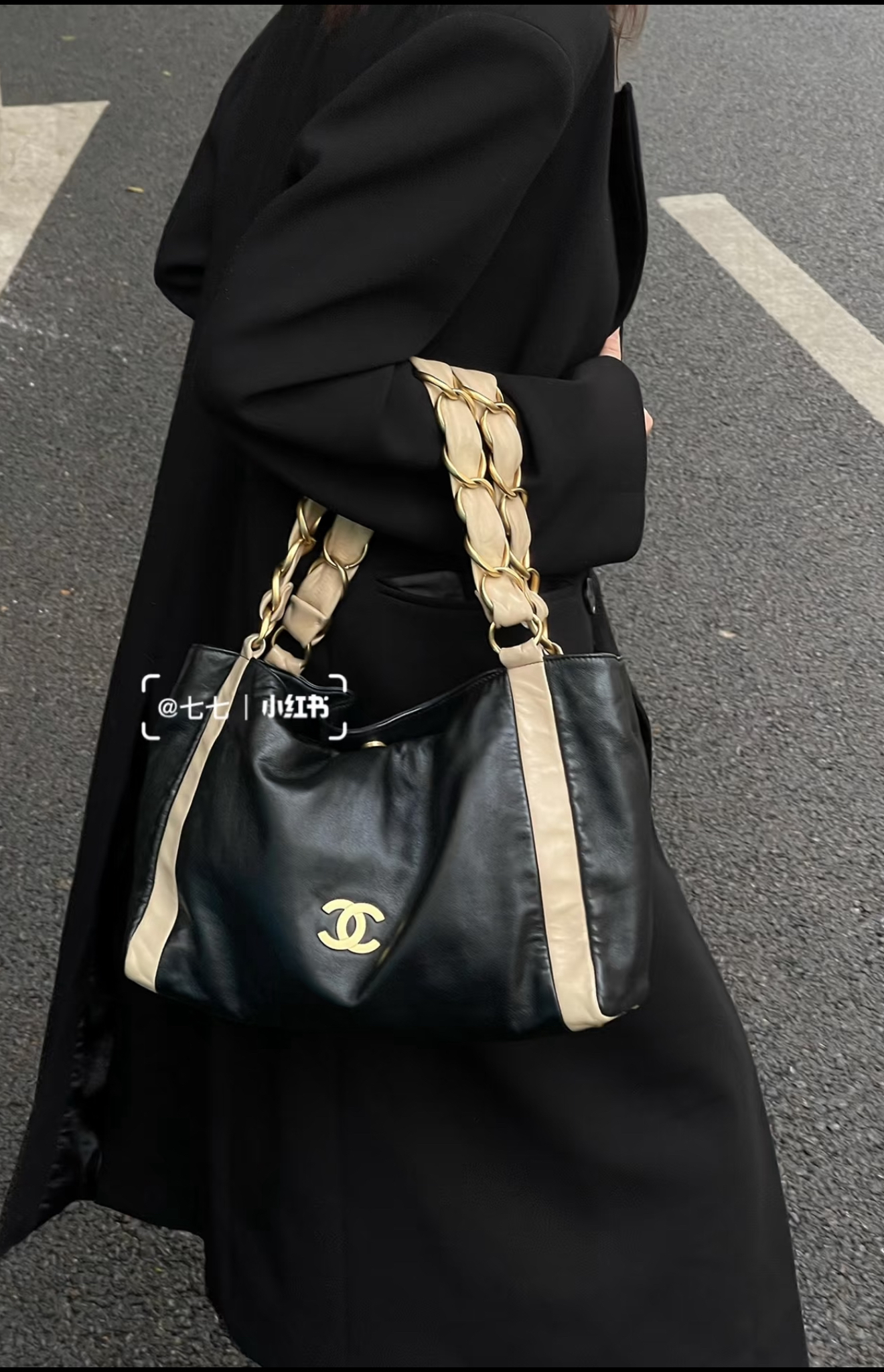 95新 Chanel/香奈儿 Chanel香奈儿粗链条单肩拼色hobo单肩包