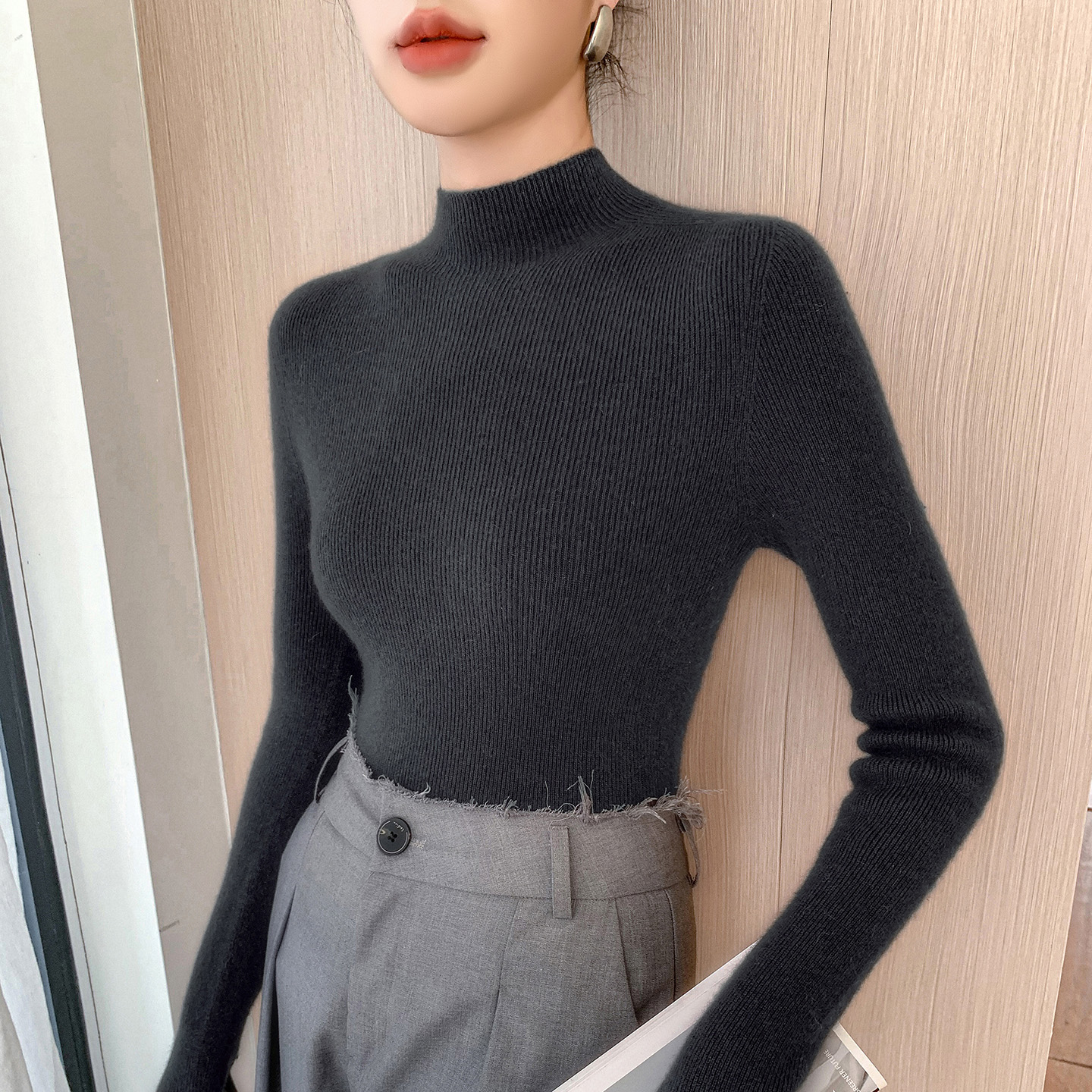 加厚款！可机洗~一线成衣半高领抽条女士针织打底衫