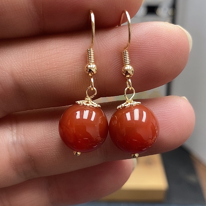 南红玛瑙银S925镀金镶嵌耳饰尺寸12mm