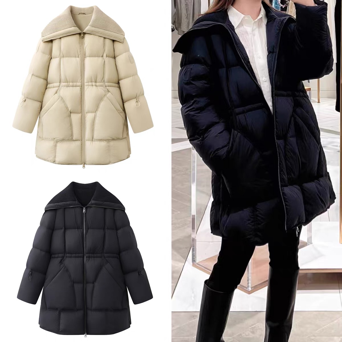 【泡芙】秋冬新款时尚休闲大翻领收腰拉链宽松中长款羽绒服3080