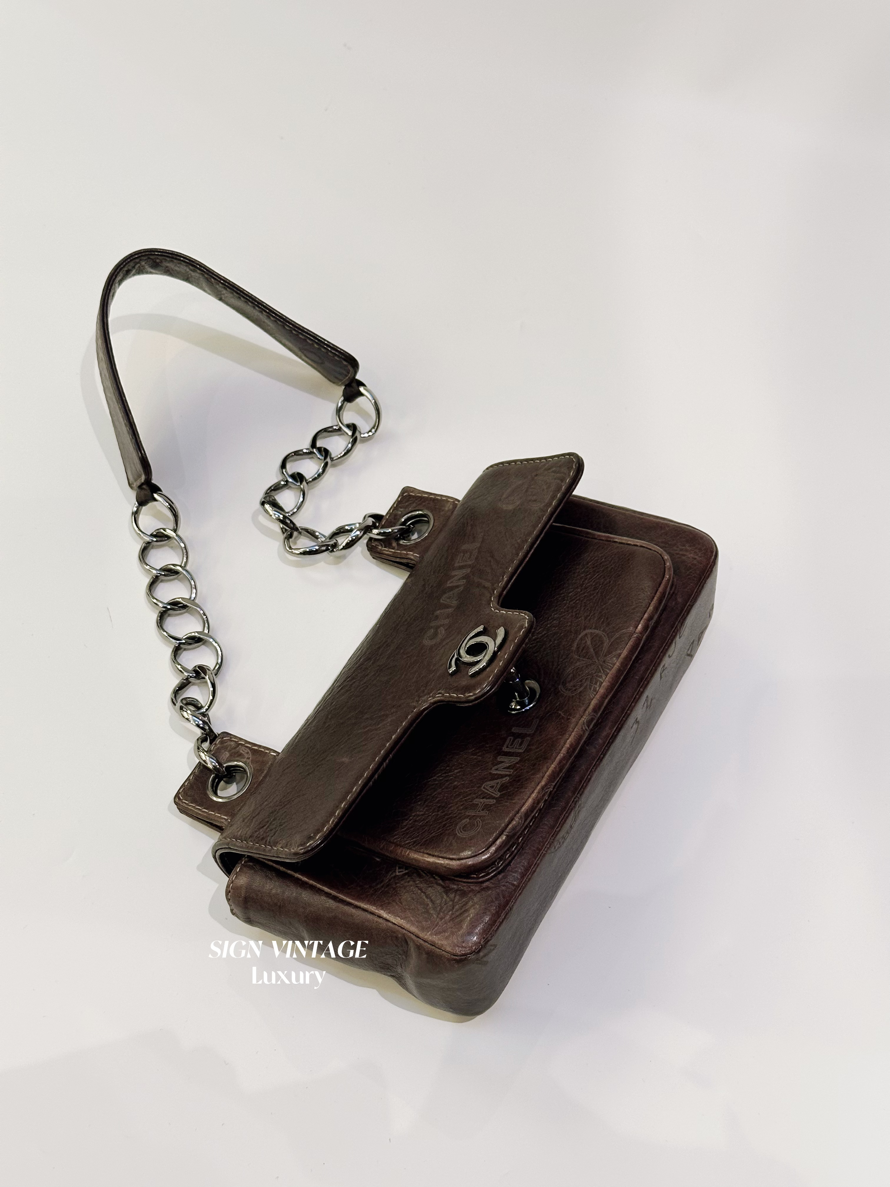 95新 Chanel/香奈儿 康鹏系列深棕色涂鸦刻印单肩包