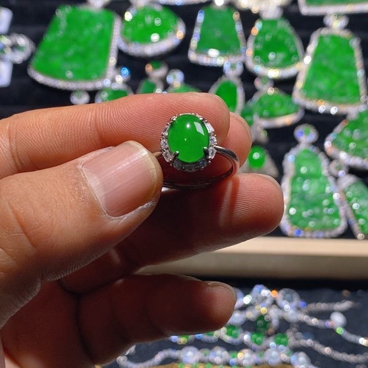 翡翠戒指银S925镶嵌天然A货翡翠