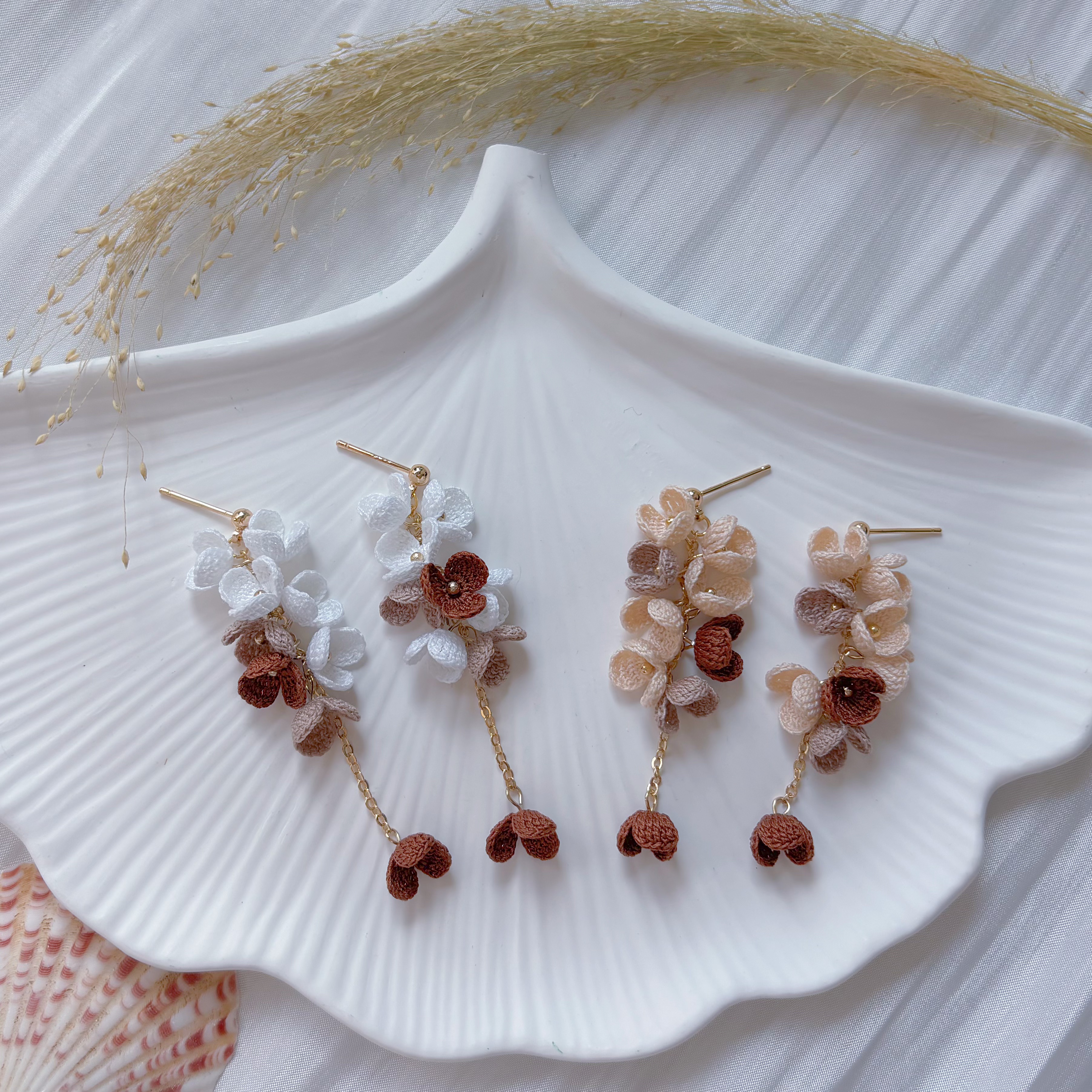 合金锦纶耳饰 原创碎花长款耳环手工微钩饰品气质耳钉