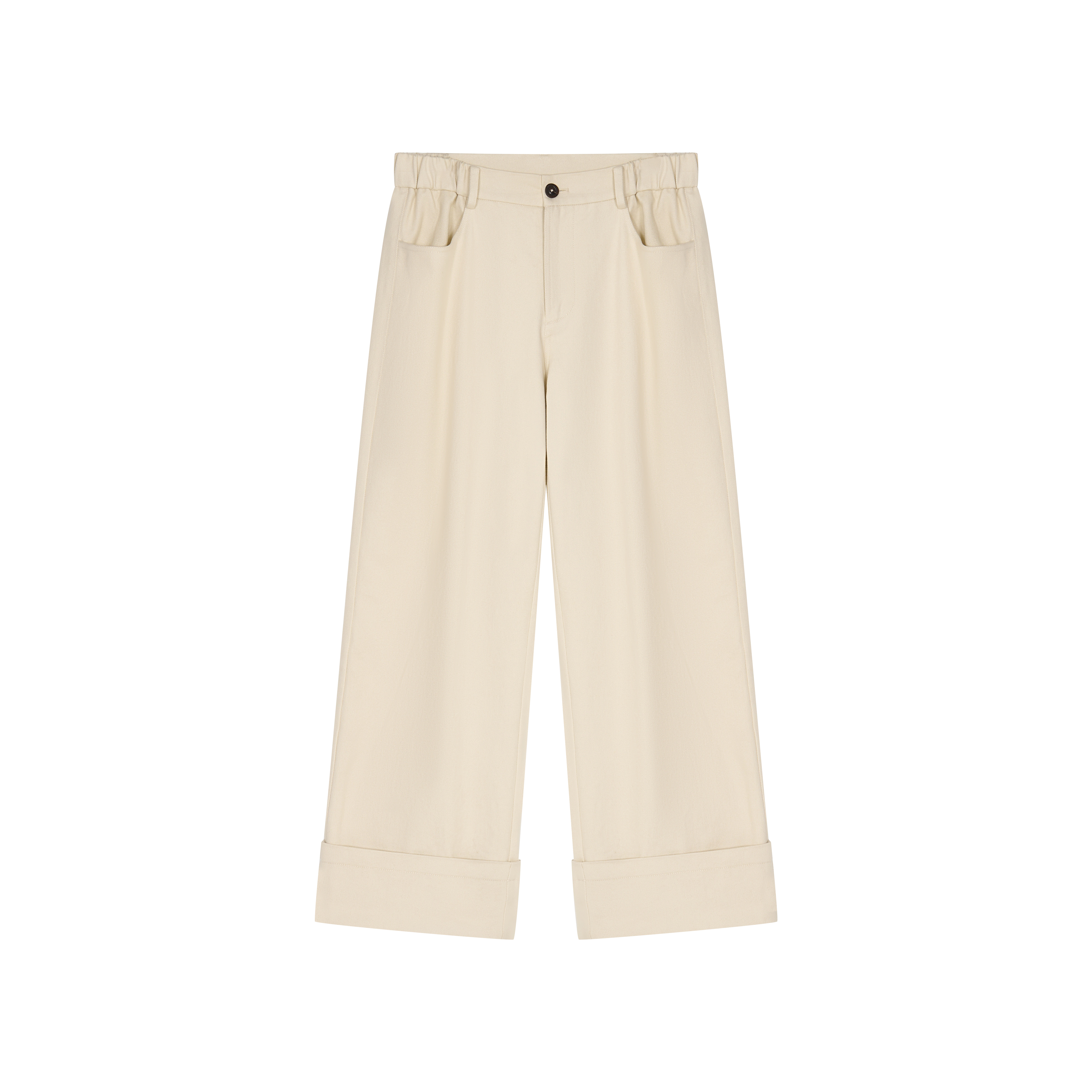 iJ裤脚翻边370克重白色水洗纯棉休闲裤