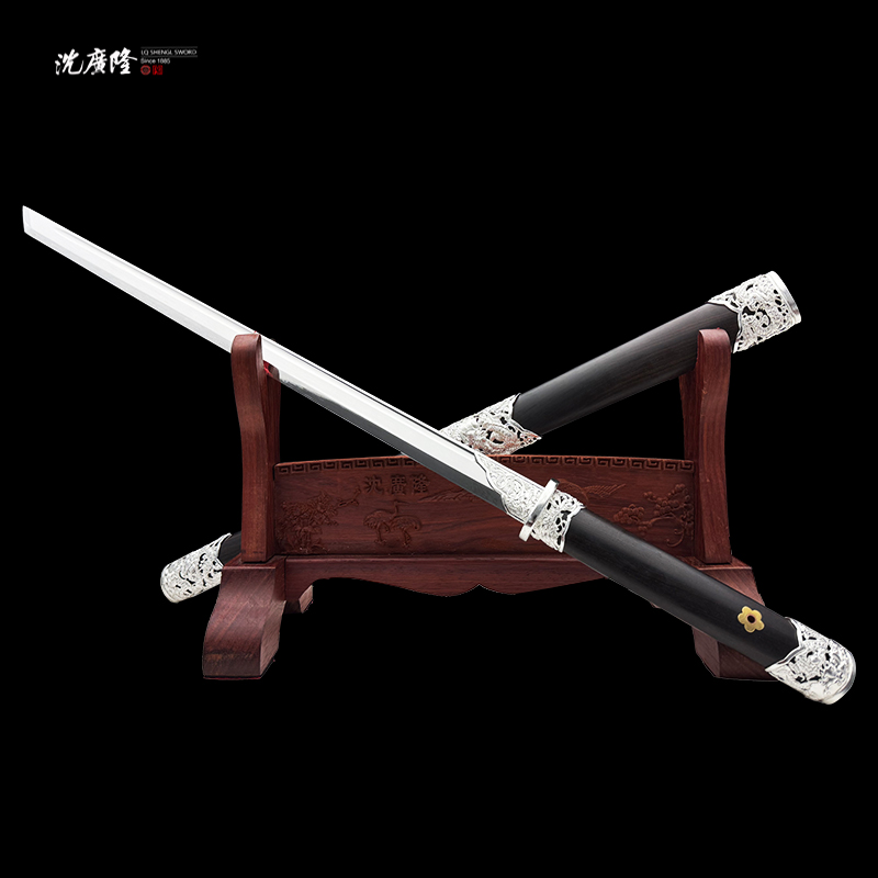 龙泉沈广隆-龙鸣唐刀 镀银 黑檀木 5160 宝剑 手工 未开刃