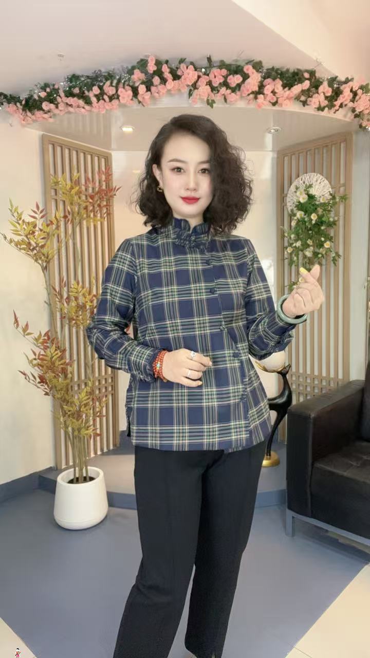 新中式国风时尚高级感木耳边盘扣立领格纹气质减龄斜扣衬衫5281