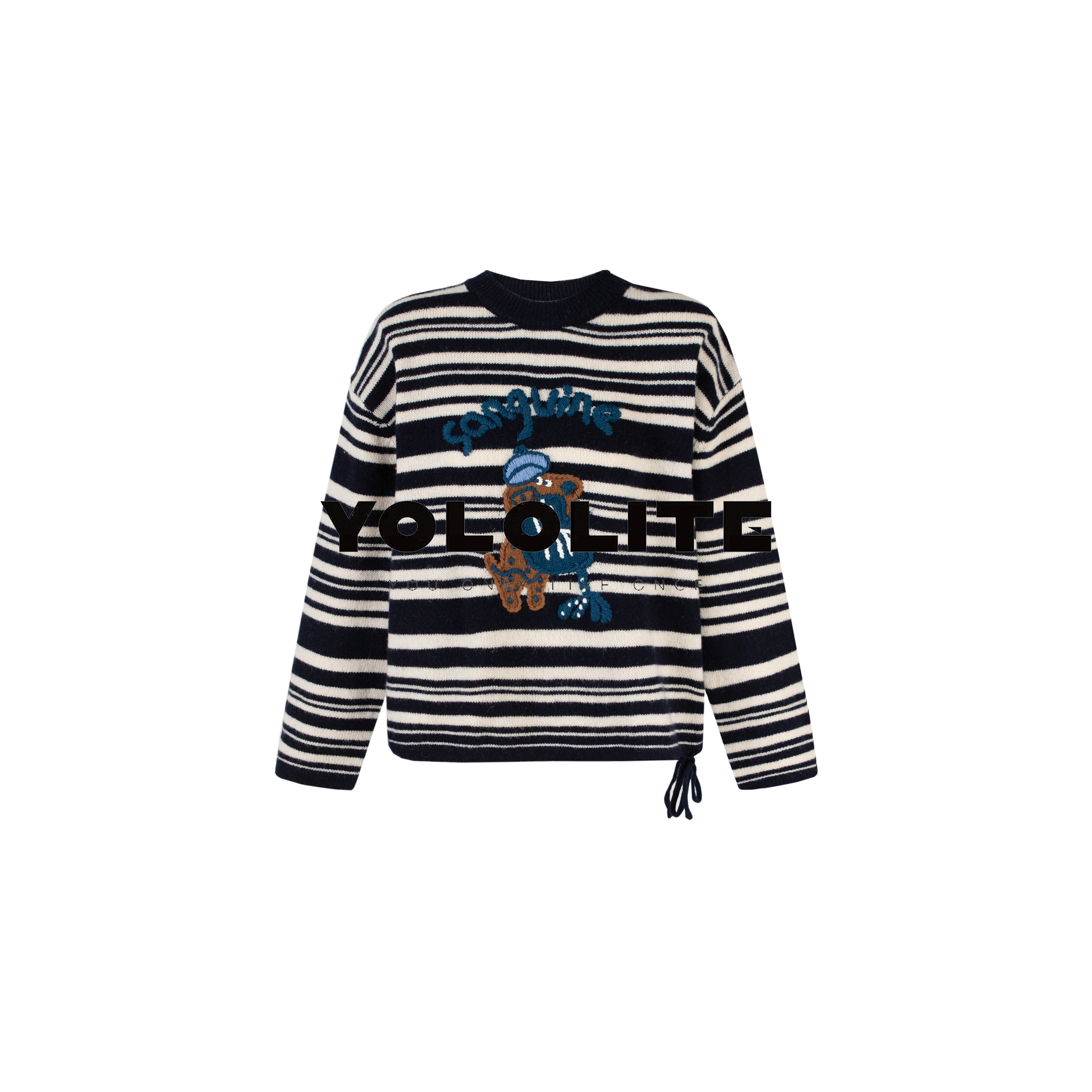 【饼干小狗】3716冬季新款100%绵羊毛小众卡通小狗刺绣条纹羊毛衫C