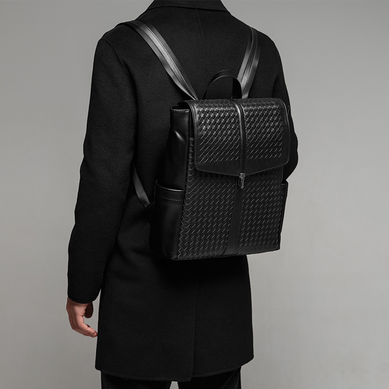 X&BV双肩包男真皮商务电脑包编织男包出差旅行背包时尚简约书包男