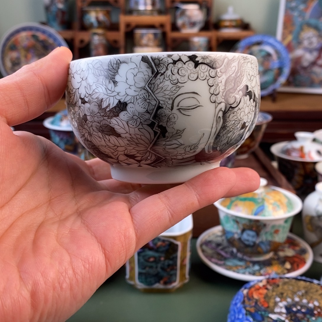 手工手绘墨彩万花佛头主人杯