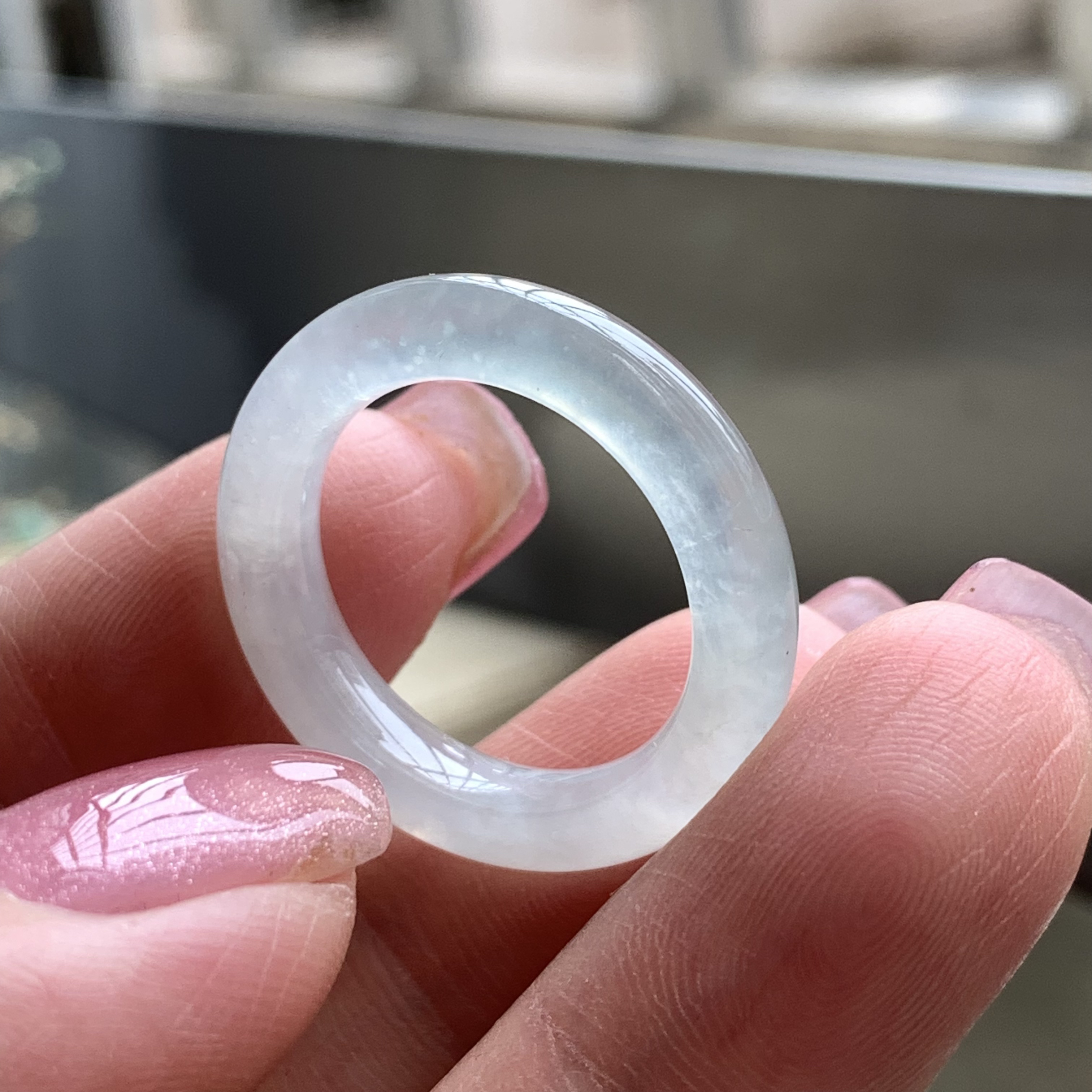 C0528 15号内径17.7-4.4-4老坑冰起光戒指天然翡翠半美人一点小纹